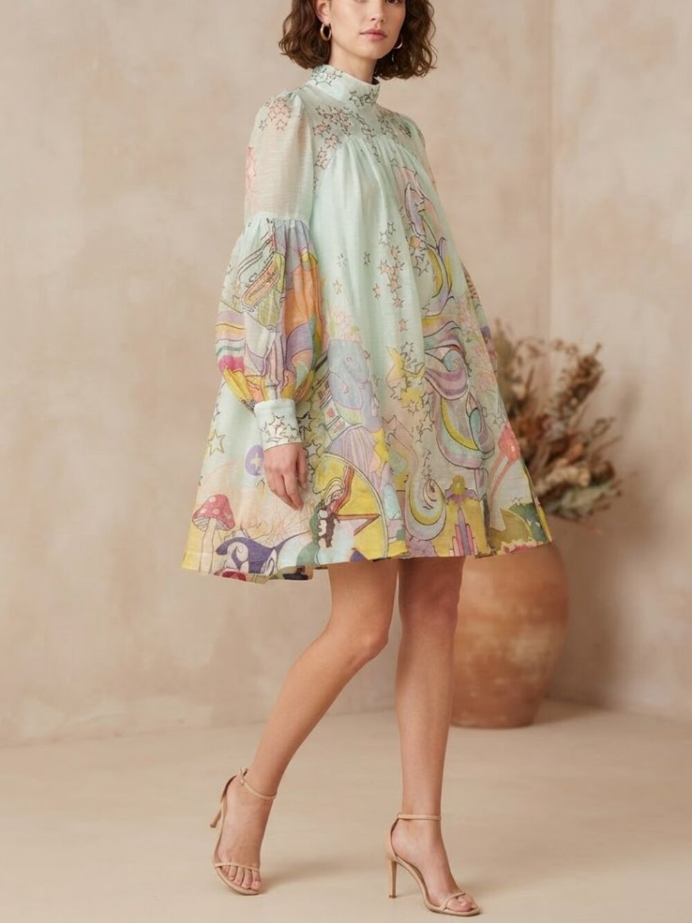 NWT Zimmermann Concert Tie Neck Mini Dress Mint Collage SZ 2 *No Waist Tie RARE